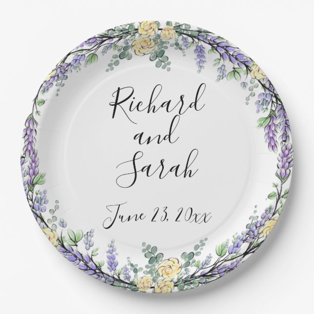 Lavender Yellow Rose and Eucalyptus  Paper Plate (Front)