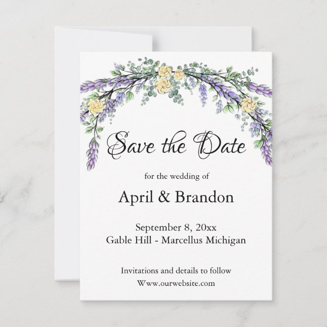 Lavender Yellow Rose and Eucalyptus Save The Date (Front)