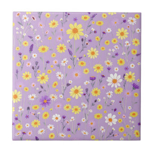 Lavender Yellow Wildflower Meadow Cottagecore Ceramic Tile