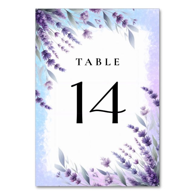 Lavenders And Blue Elegant Floral Watercolor  Table Number (Front)