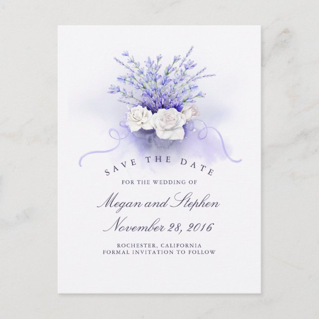 Lavenders and White Roses Elegant Save the Date Announcement Postcard (Front)