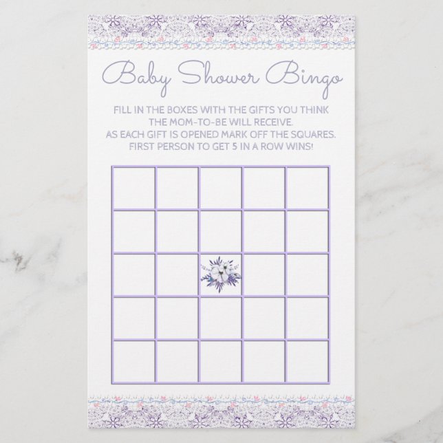 Lavener Lace Girl Baby Shower Bingo Card (Front)