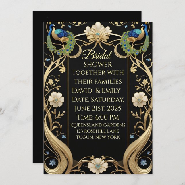 Lavish Art Nouveau Black and Gold Wedding Invitati Invitation (Front/Back)