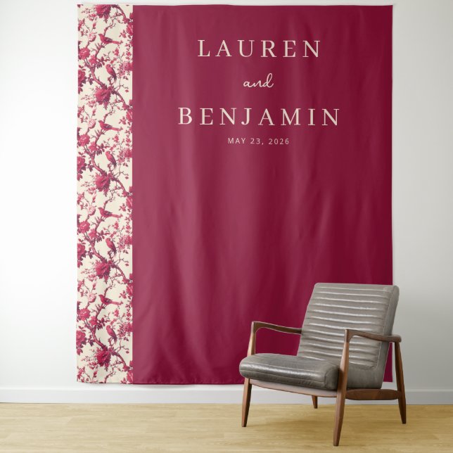 Lavish Crimson Blooms Wedding Tapestry (In Situ)