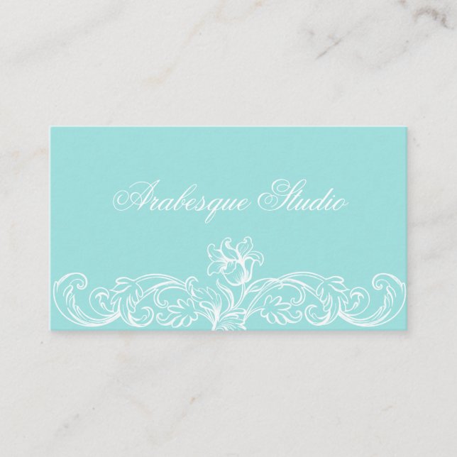 Lavish Floral Frame White on Blue Business Card (Front)