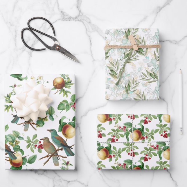 Lavish Fruits, Berries, Birds and Foliage Assorted Wrapping Paper Sheet (Front)