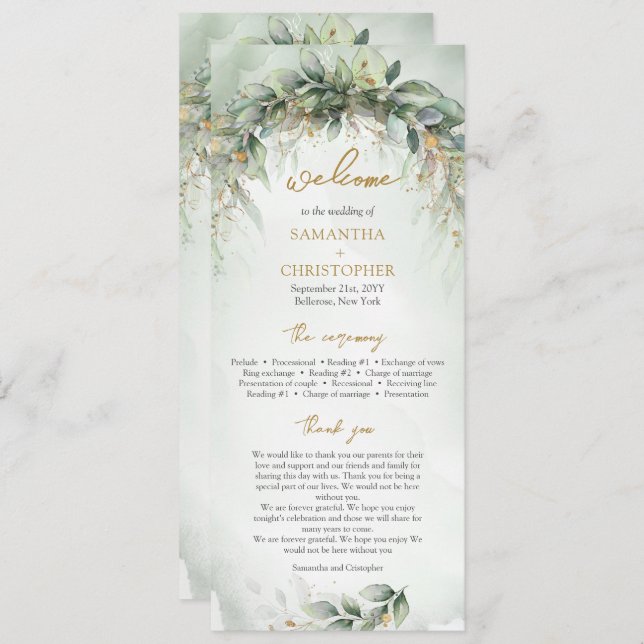 Lavish greenery foliage gold frame wedding program (Front/Back)
