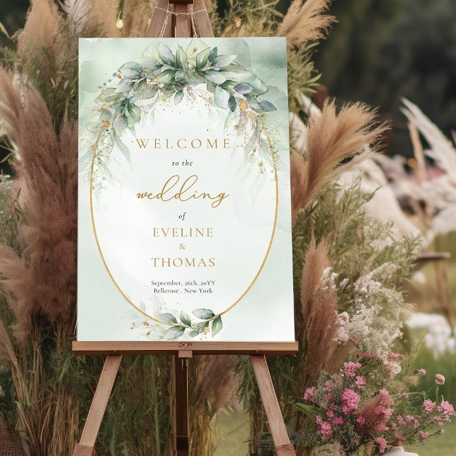 Lavish greenery foliage gold frame wedding Welcome Poster (Elegant boho eucalyptus greenery gold frame wedding welcome poster)