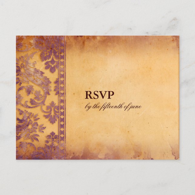 Lavish Lilac Grunge Damask Wedding RSVP Postcard (Front)