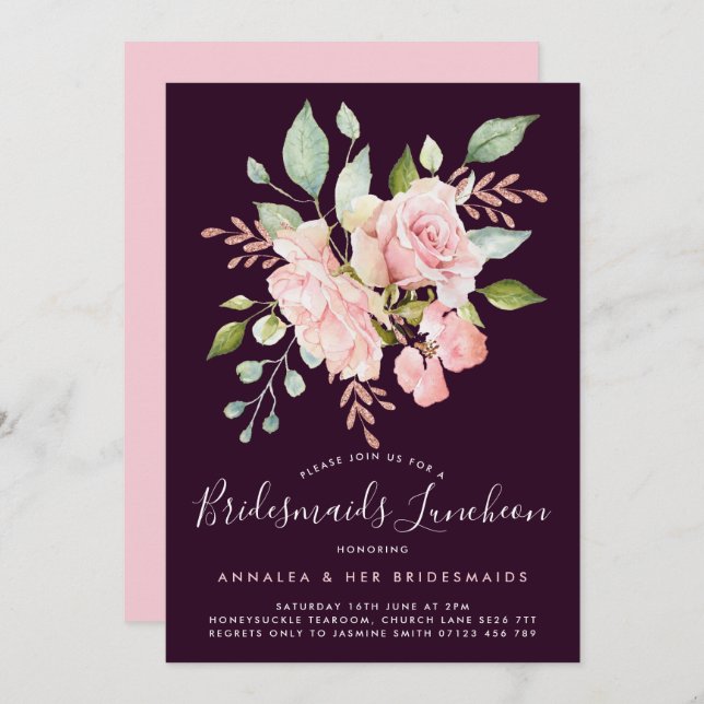 Lavish Pink Roses & Glitter Bridesmaids Luncheon Invitation (Front/Back)