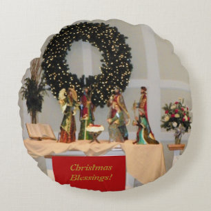 Lavish Richly Coloured Nativity Display Design Round Cushion