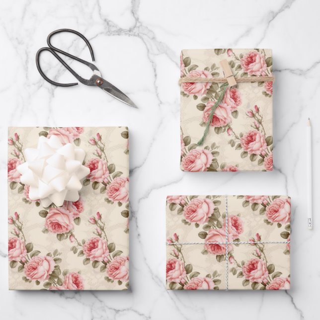 Lavish shabby chic floral bouquet pink roses wrapping paper sheet (Front)