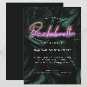 Lavish Tropical Palms   Neon Lights Bachelorette Invitation
