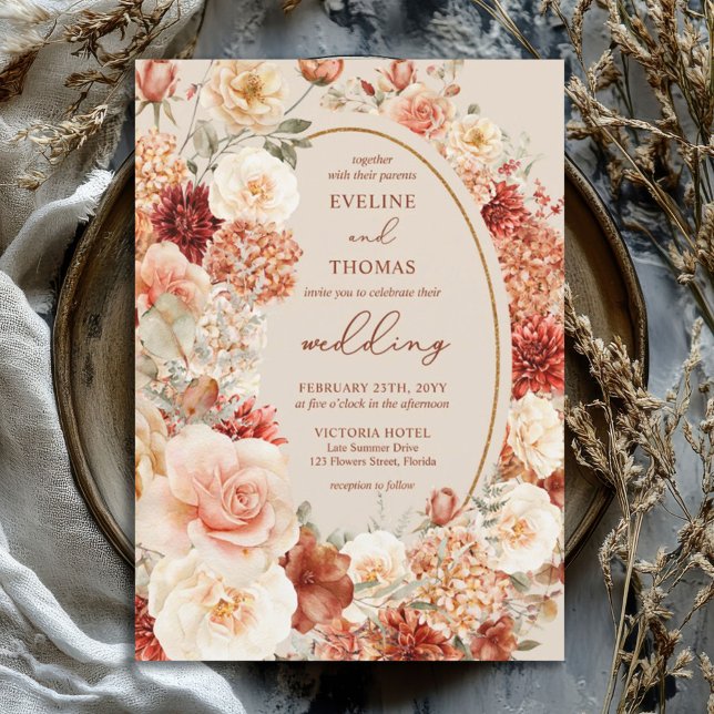 Lavish watercolor terracotta blush sage floral  invitation (watercolor lush bouquet terracotta copper orange flowers gold frame wedding invitation)