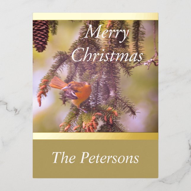 LavishlyOn Monogram Red Bird Pine Tree Branch Foil Holiday Postcard (Front)