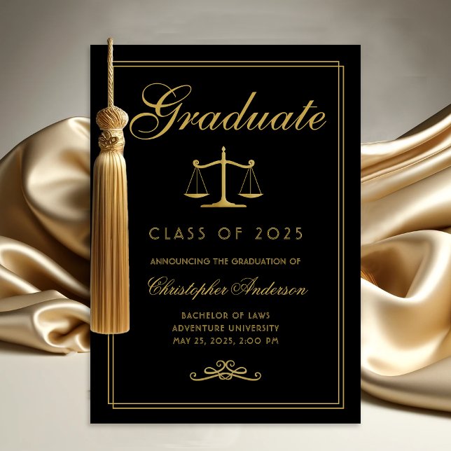 Law Black Gold Scale of Justice College Graduation Announcement (Black with gold Scales of Justice College Graduation Announcements for Lawyers)