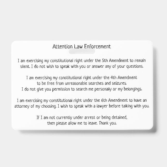 Law Enforcement Patrol Stop Know Your Rights Card ID Badge (Front)