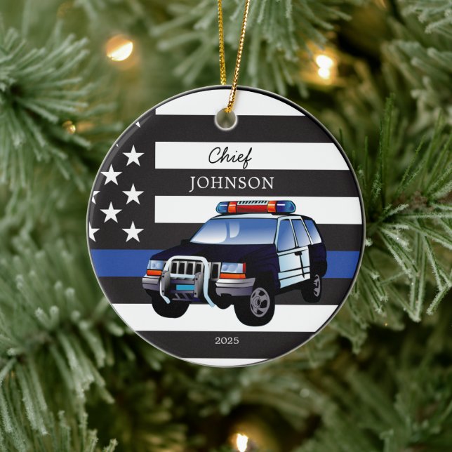 Law Enforcement Thin Blue Line Flag SUV Ceramic Ornament (Tree)