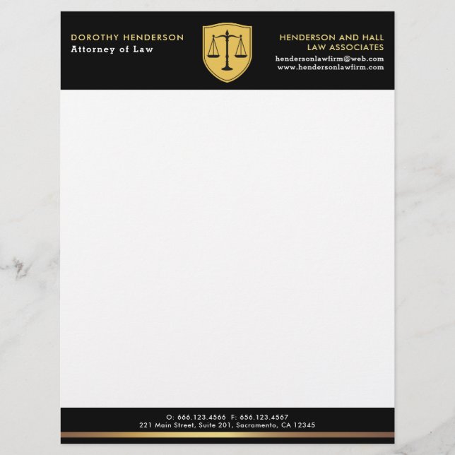 Law Firm Elegant Gold And Black Custom Letterhead (Front)