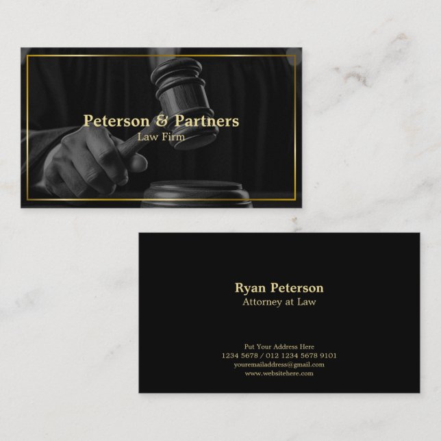 Law & Justice | BW Judge’s Gavel Gold Border Black Business Card (Front/Back)