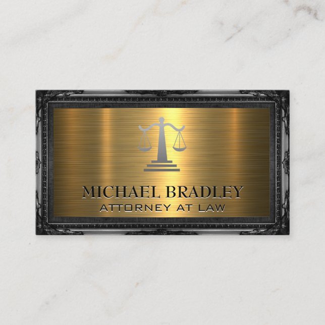 Law Justice Scales | Antique Frame | Gold Metallic Business Card (Front)