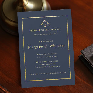 Law Lawyer Judge Navy Gold Elegant Retirement Invitation