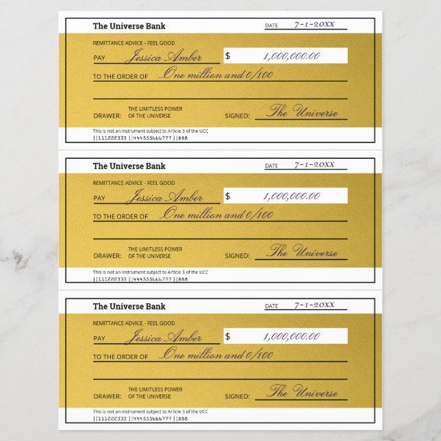 Law of Attraction 3 Blank Printable Gold Checks Flyer (Front)