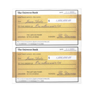 Law of Attraction Blank Money Check Gold 5.5" x 6" Notepad