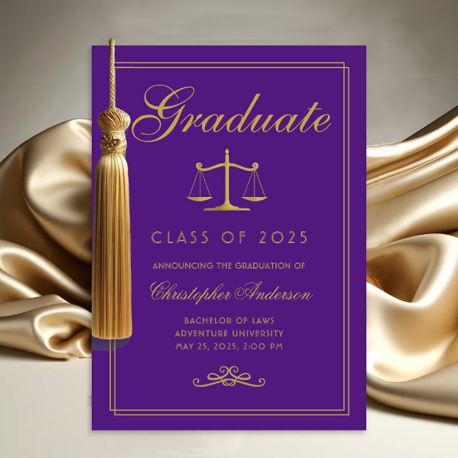 Law Purple Gold Scales of Justice Graduation Announcement (Purple and gold scales of justice college graduation announcement for lawyers)