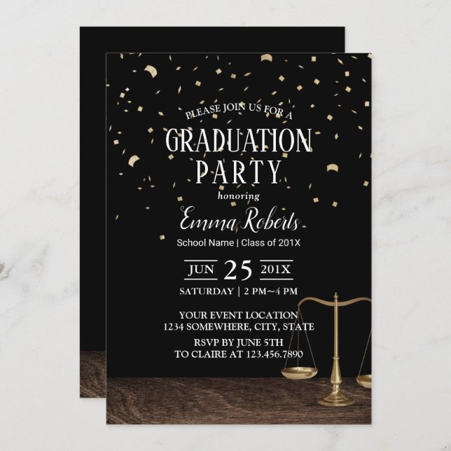 Law School Future Lawyer Gold Confetti Graduation Invitation (Front/Back)