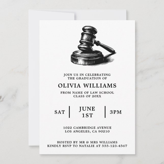 Law School Gavel Black & White Graduation Party Invitation (Front)