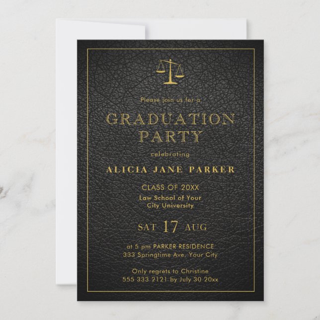 Law school graduation black gold photo elegant invitation (Front)