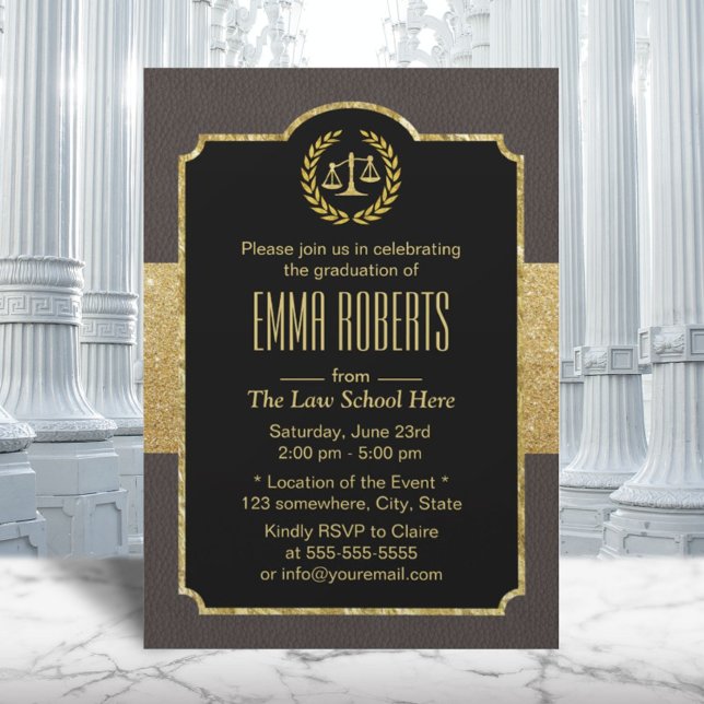 Law School Graduation Elegant Brown & Gold Lawyer Invitation (Creator Uploaded)