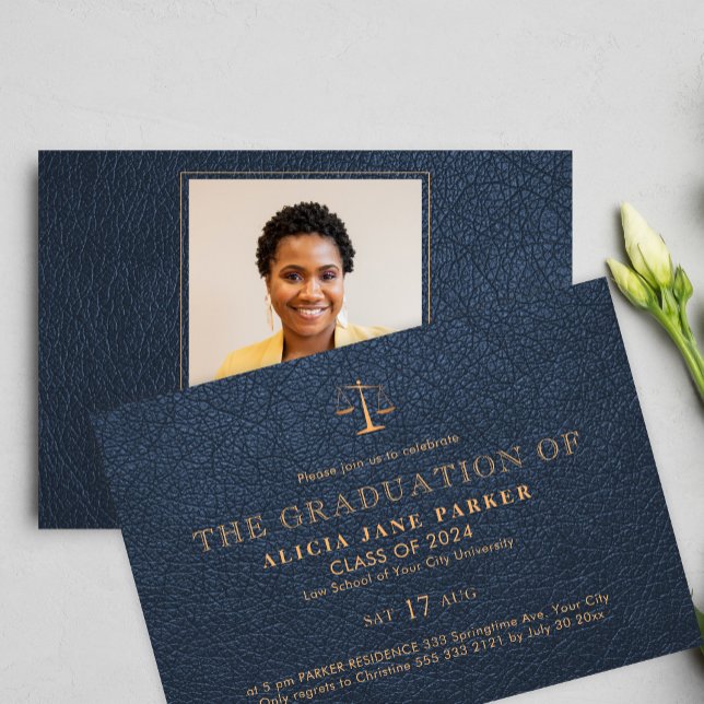 Law school graduation elegant navy gold photo invitation (Creator Uploaded)