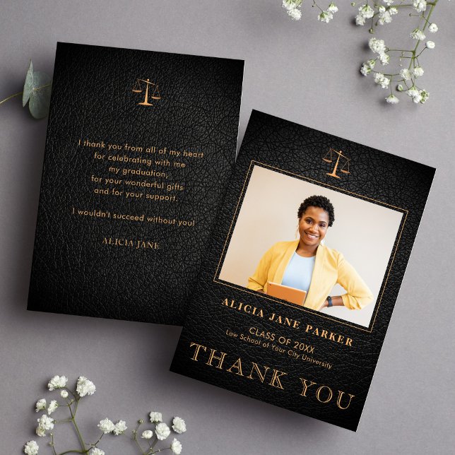 Law school graduation elegant photo thank you card (Creator Uploaded)