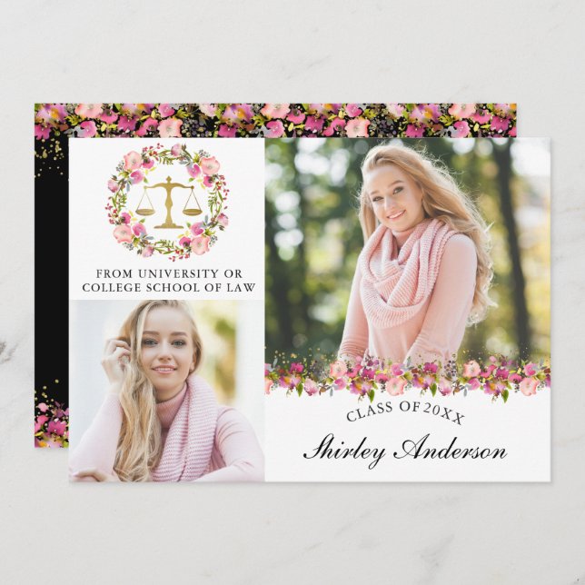 Law School Graduation Floral 2 Photo Announcement (Front/Back)