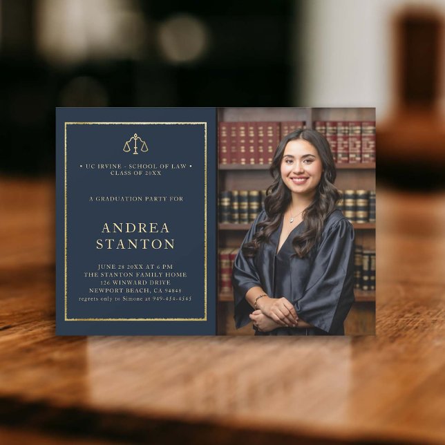 Law School Graduation Gold Frame Photo Modern Navy Invitation (law school graduation party invitation photo gold frame scales of justice elegant modern classy navy)