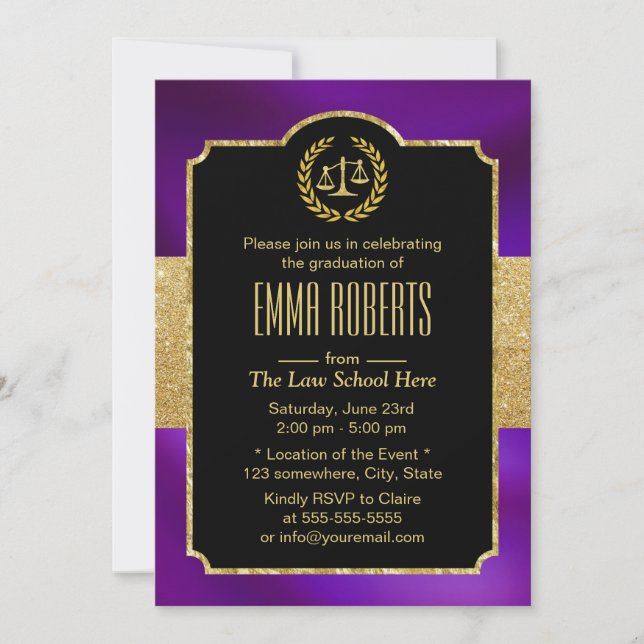 Law School Graduation Gold & Purple Future Lawyer Invitation (Front)
