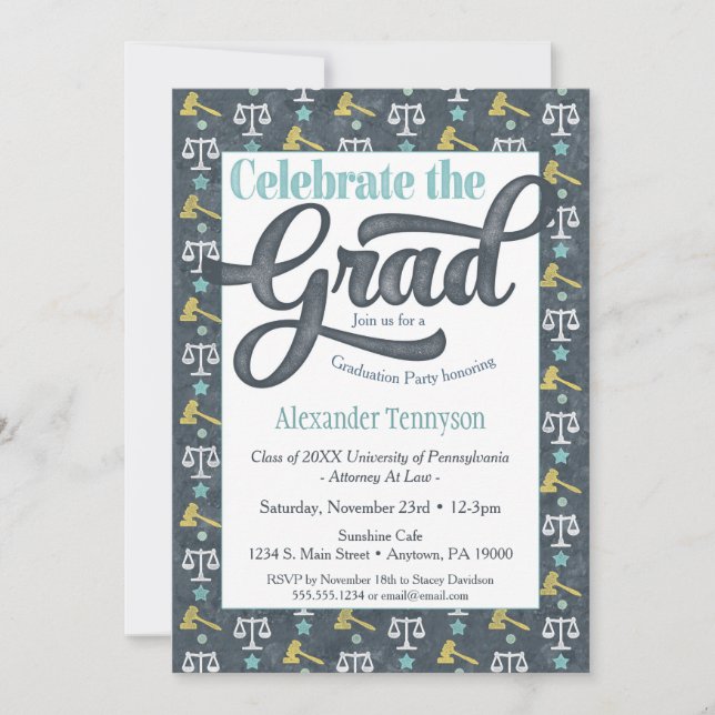 Law School Graduation Invitation Lawyer Grey Aqua (Front)
