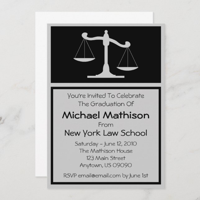 Law School Graduation Invite Black Justice Scales (Front/Back)