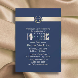 Law School Graduation Modern Navy Blue & Gold Invitation