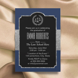 Law School Graduation Navy Blue & Silver Lawyer Invitation