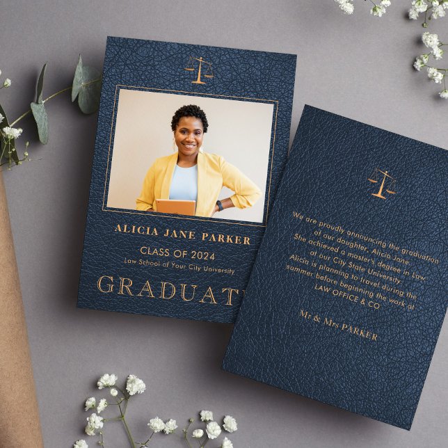 Law school graduation navy gold photo announcement (Creator Uploaded)