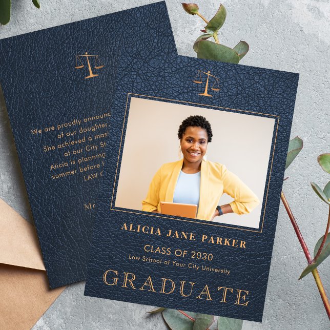 Law school graduation navy gold photo announcement (Creator Uploaded)