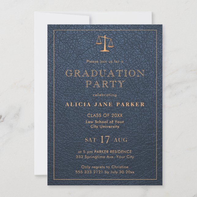 Law school graduation navy gold photo formal invitation (Front)