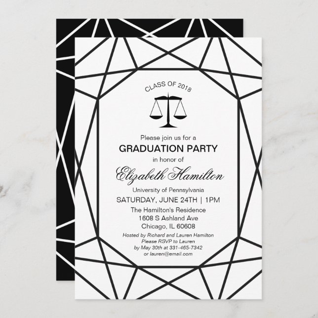 Law School Graduation Party Chic Black & White Invitation (Front/Back)