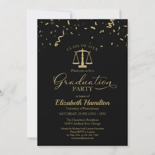 Law School Graduation Party Gold Confetti Black Invitation