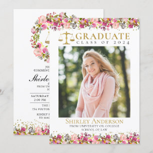 Law School Graduation Party Grad Photo Pink Floral Invitation