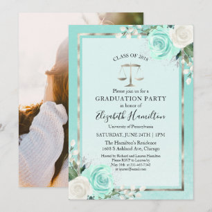 Law School Graduation Party Photo Teal Floral Invitation