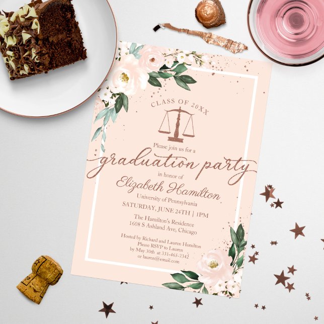 Law School Graduation Party Pink Blush Floral Invitation (Creator Uploaded)